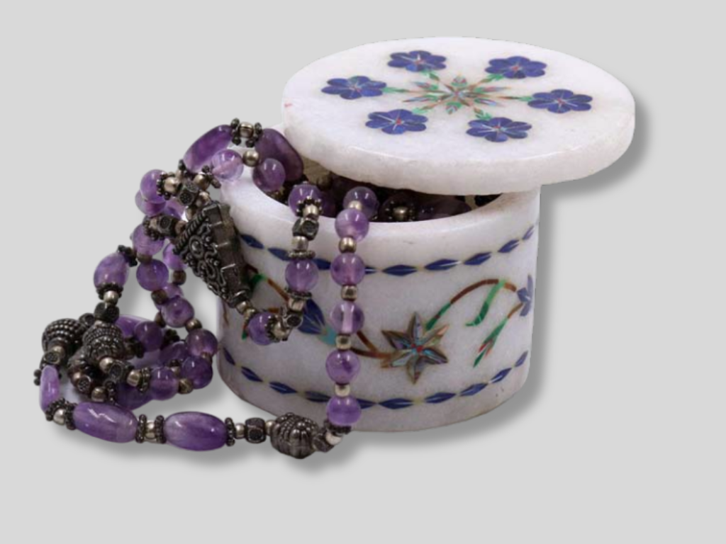 Floral Lapis Stone Inlay Design Round Ring Jewelry Box